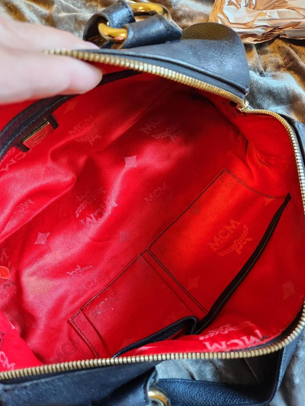 MCM Black Leather Barrel Bag with Gold Hardware